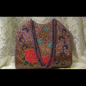 Floral Double Chained Beaded Shoulder Bag (Brown)